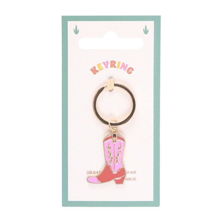 Pink cowboy boot keyring on Western backing card with white background