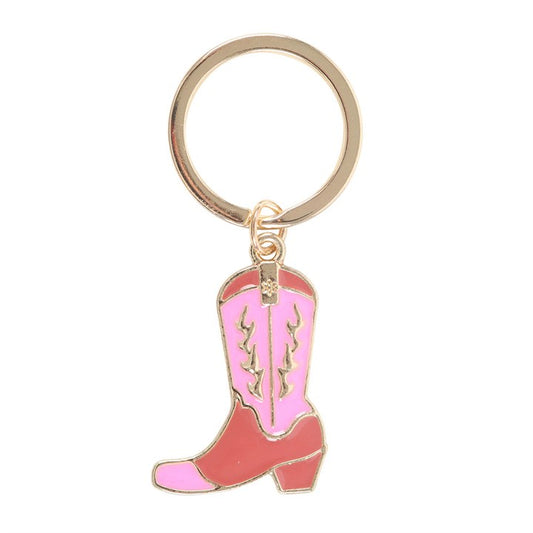Pink and Fuchsia enamel cowboy boot keyring charm close up on white background