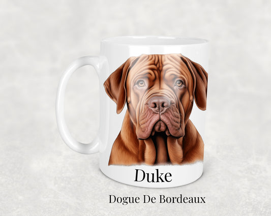 Dogue de Bordeaux Mug featuring a detailed illustration of a powerful and affectionate Dogue de Bordeaux dog