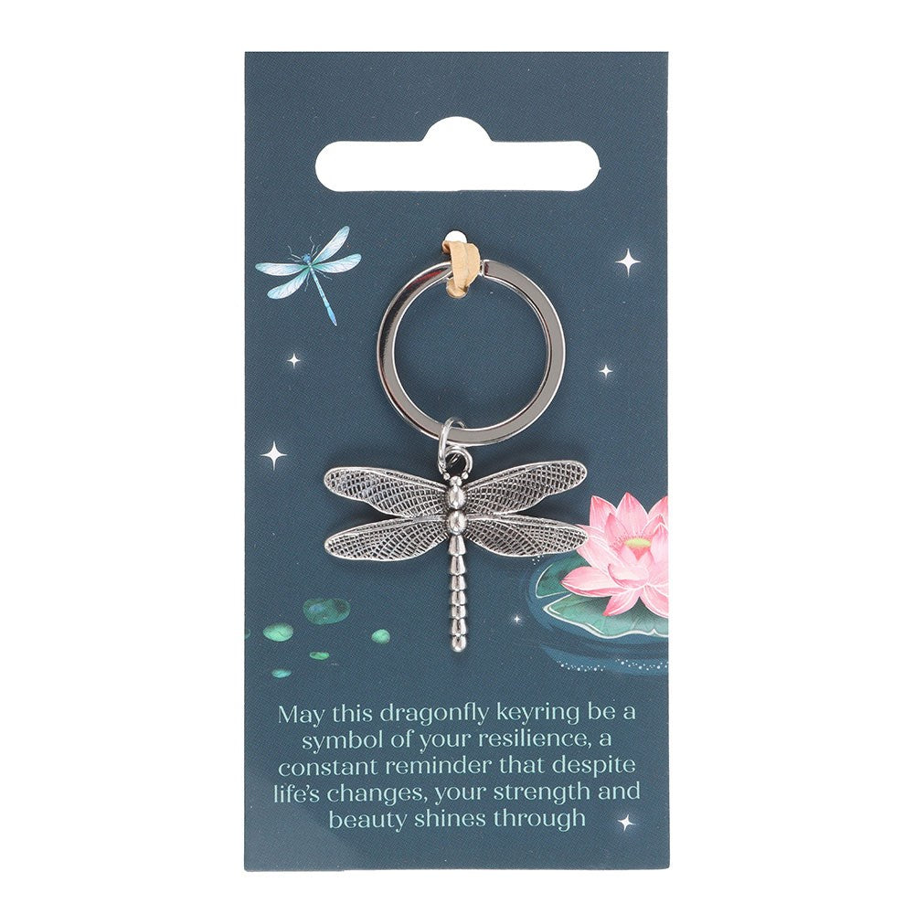 Dragonfly keyring on backing card with white background