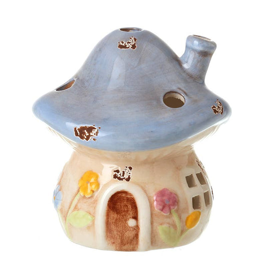 BLUE CERAMIC MUSHROOM HOUSE ORNAMENT LRG