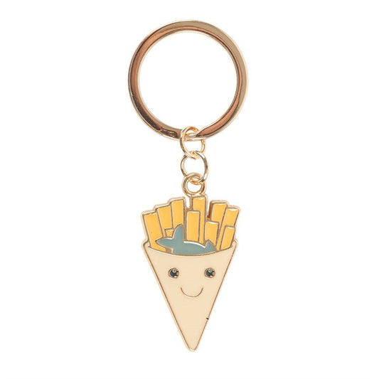 Fish and chips enamel keyring charm close up on white background showing smiling chips cone with blue fish