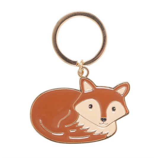 Freddie Fox enamel keyring charm close up on white background showing curled russet fox with cream face and gold detailing