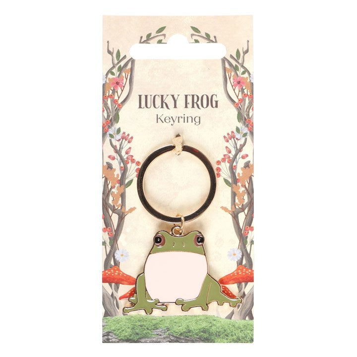 Lucky Frog keyring on forest-themed backing card with white background