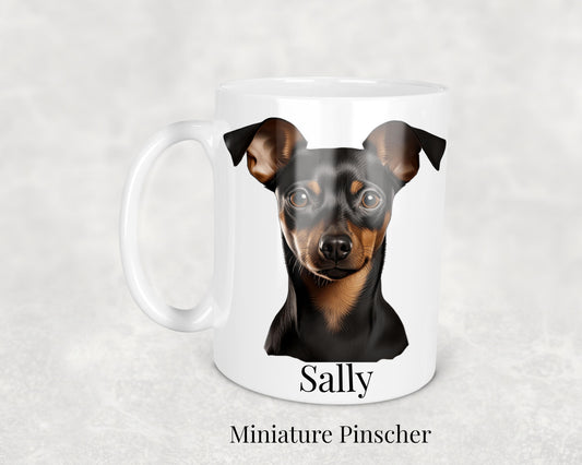 Miniature Pinscher dog mug - 11oz ceramic coffee cup featuring a Miniature Pinscher illustration. Great gift idea for Min Pin fans.