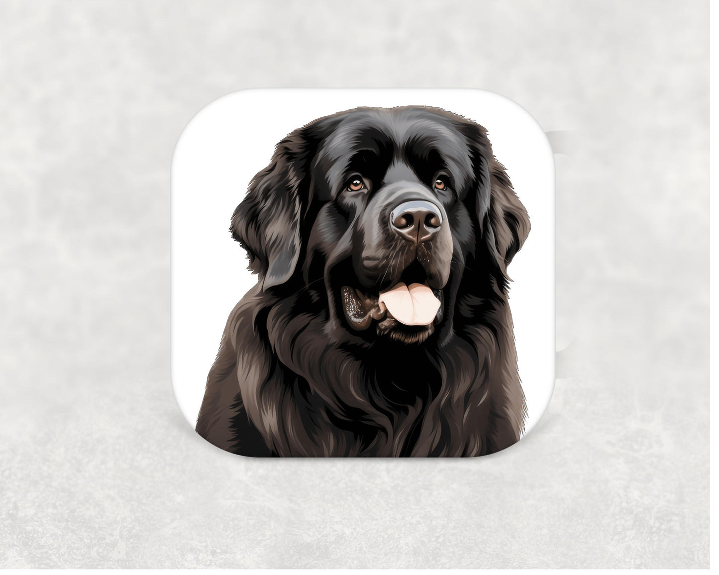 Newfoundland Coaster — a 9cm square cork-backed MDF coaster with an illustrated black Newfoundland dog design, ideal for giant breed lovers