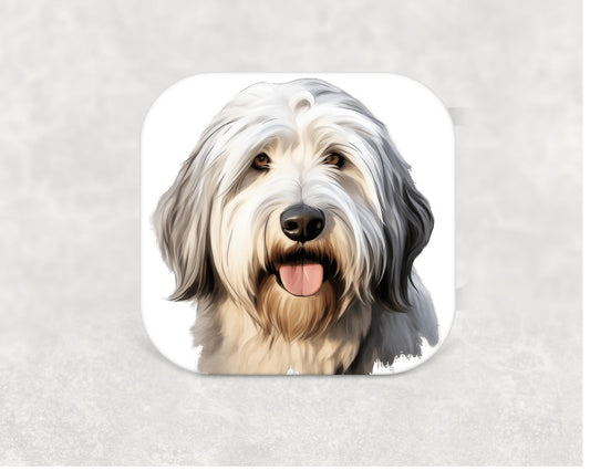 Old English Sheepdog Coaster — a 9cm square cork-backed MDF coaster with an illustrated shaggy grey and white OES design, ideal for dog lovers