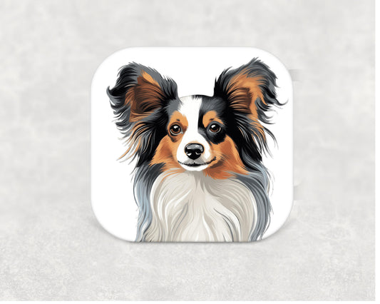 Papillon dog coaster — a 9cm MDF coaster with cork base, featuring a detailed Papillon illustration, ideal as a dog lover gift