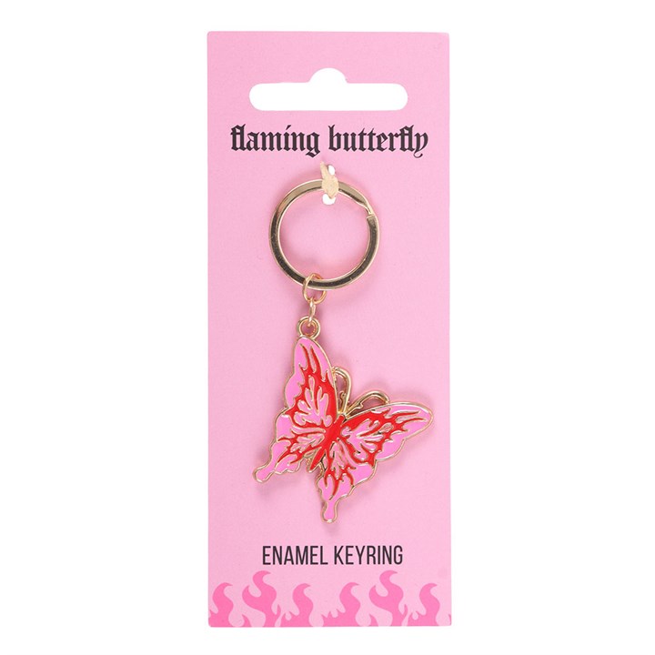 Flaming butterfly enamel keyring on hot pink Flaming Butterfly backing card with flame motifs and white background