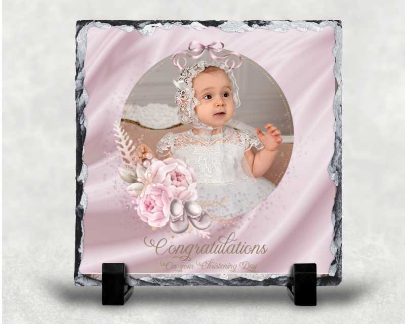 Personalised christening photo slate in pink design for a baby girl, printed on natural slate