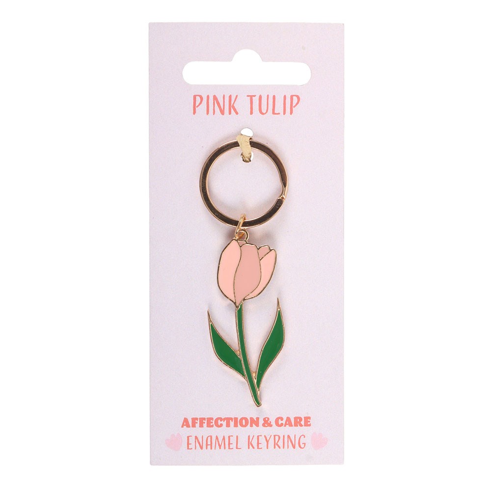 Pink Tulip enamel keyring on pink Affection and Care backing card with white background