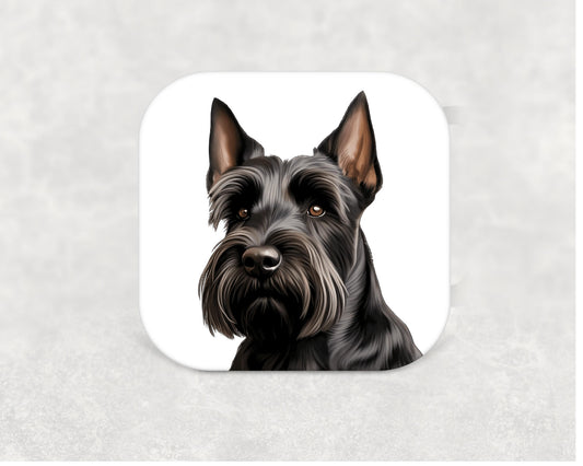 Scottish Terrier Coaster — 9cm square cork-backed MDF coaster featuring an illustrated Scottish Terrier dog design, perfect for Scottie lovers