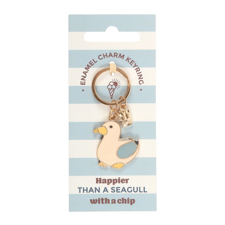 Seagull and chips enamel keyring on nautical blue and white striped backing card with white background