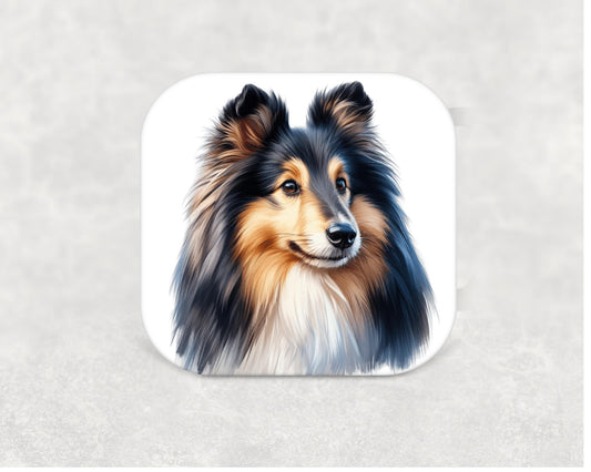 llustrated Shetland Sheepdog on a square MDF coaster with cork backing — a great gift idea for Sheltie owners"