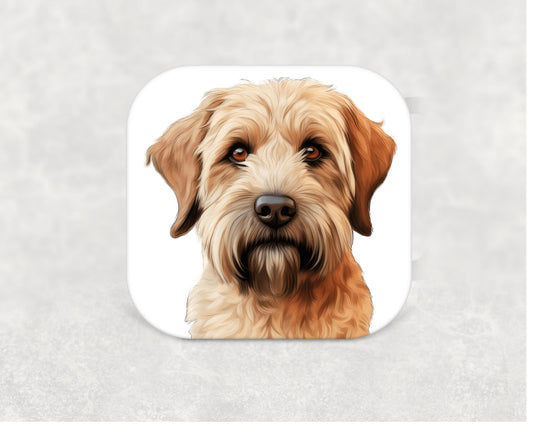 Soft Coated Wheaten Terrier Coaster — 9cm square cork-backed MDF coaster featuring an illustrated Soft Coated Wheaten Terrier design, perfect for Wheaten Terrier lovers"