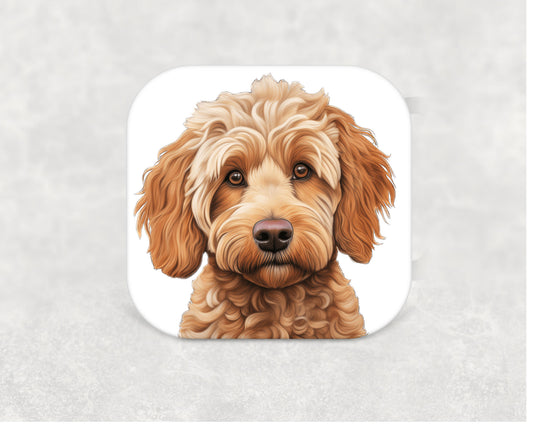 Illustrated Spoodle (Cockerpoo) dog on a square MDF coaster with cork backing — a great gift idea for Spoodle owners"