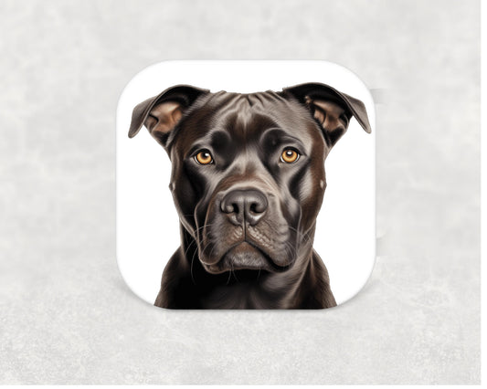 Staffordshire Bull Terrier dog coaster — a 9cm MDF coaster with cork base, featuring a detailed Staffy illustration, ideal as a dog lover gift