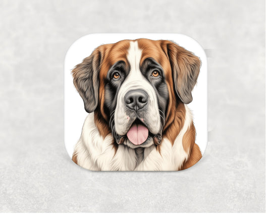 St Bernard dog coaster — a 9cm MDF coaster with cork base, featuring a detailed St Bernard illustration, ideal as a dog lover gift