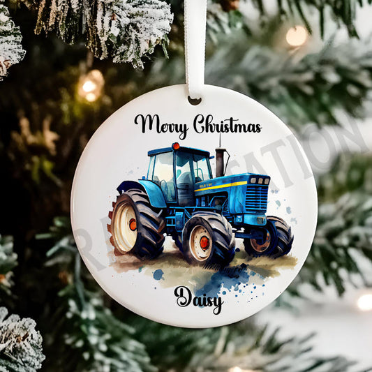 Personalised Blue Tractor Christmas Tree Hanging Ornament Gift