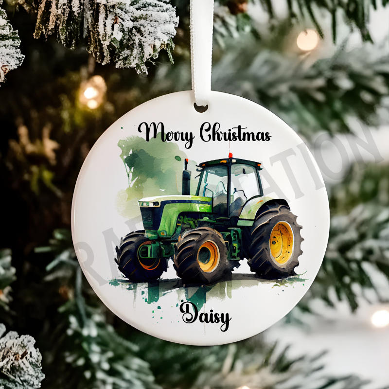 Personalised Green Tractor Christmas Tree Hanging Ornament Gift