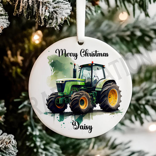 Personalised Green Tractor Christmas Tree Hanging Ornament Gift