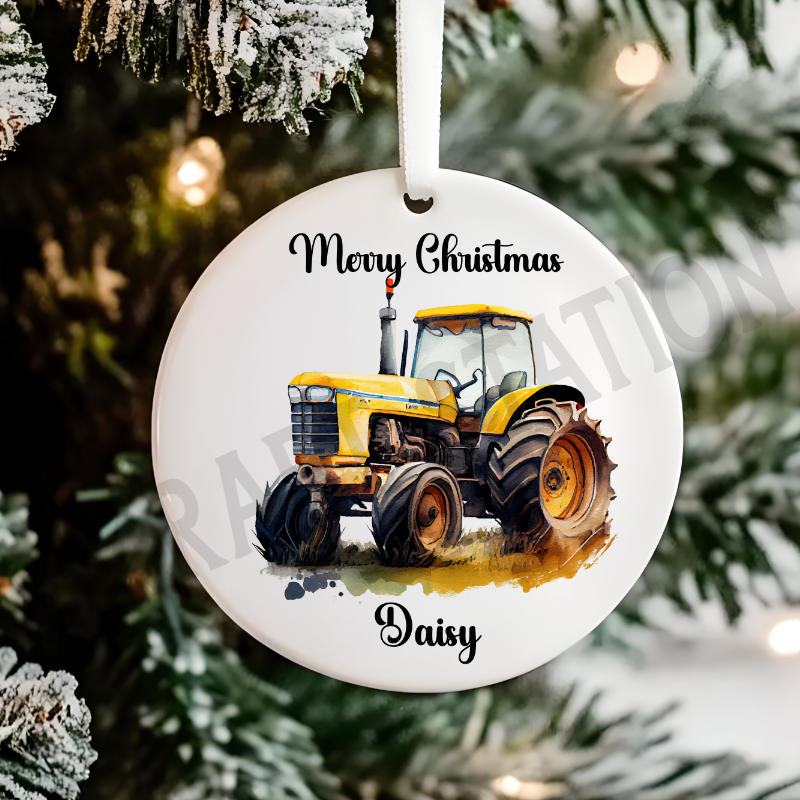 Personalised Yellow Tractor Christmas Tree Hanging Ornament Gift