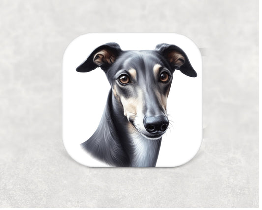 Whippet dog coaster — a 9cm MDF coaster with cork base, featuring a detailed Whippet illustration, ideal as a dog lover gift"