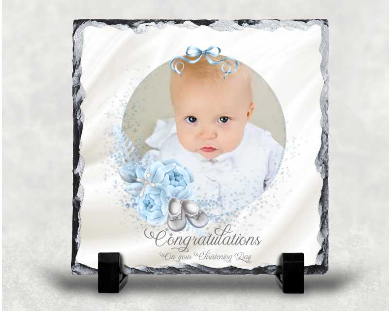 Personalised Christening Photo Slate – Blue & White Boy