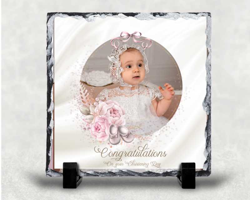 Personalised Christening Photo Slate – Pink & White Girl