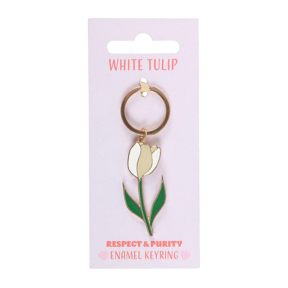 White Tulip enamel keyring on pink Respect and Purity backing card with white background
