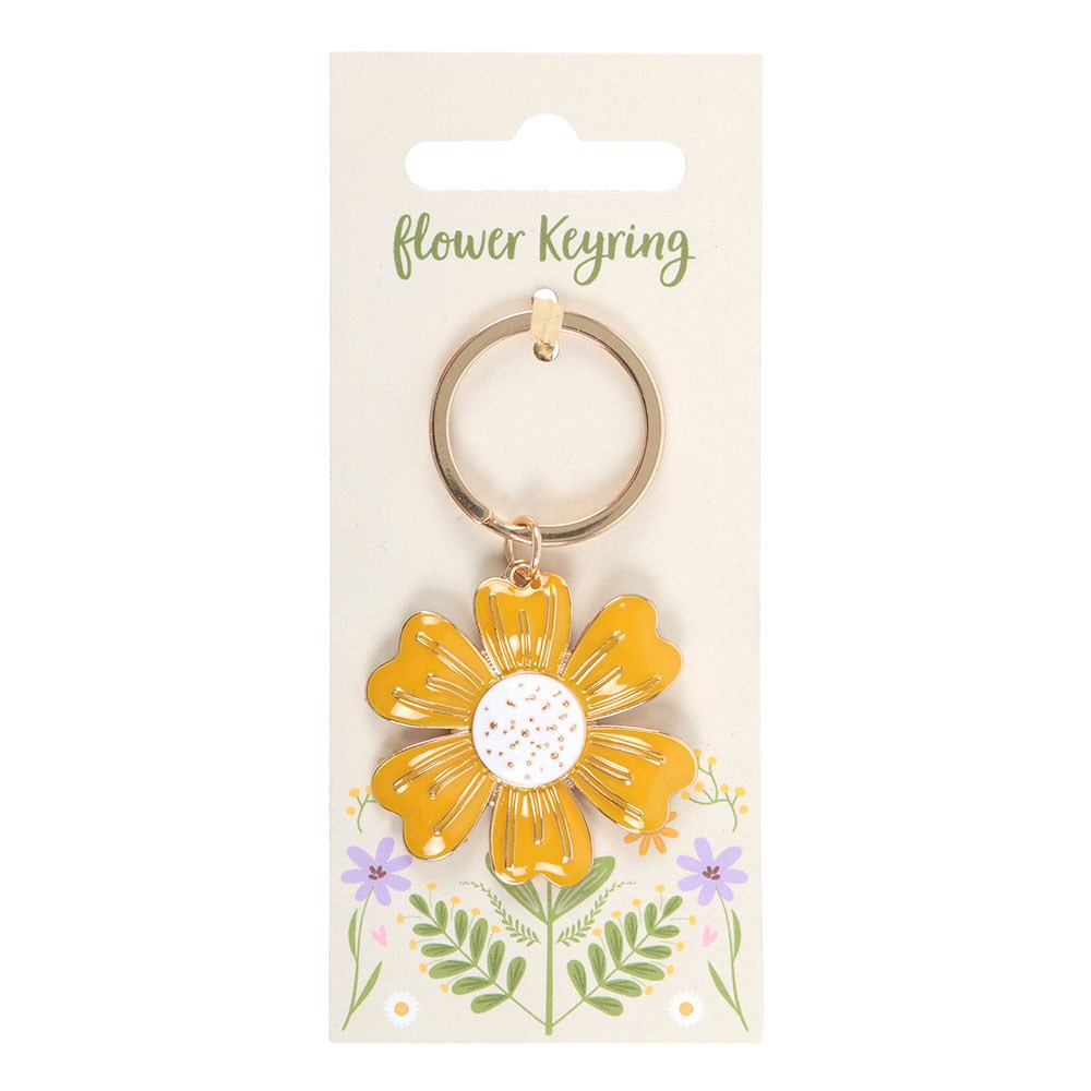 Yellow daisy flower keyring on botanical wildflower backing card with white background
