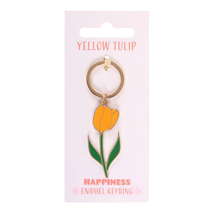 Yellow Tulip enamel keyring on pink Happiness backing card with white background